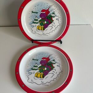 Barney and Baby Bop Sledding Vintage 1993 Melamine Christmas Theme Plates